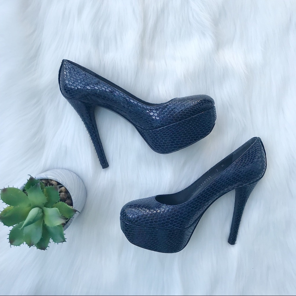 Stuart Weitzman Blue Snakeskin Studded Heels